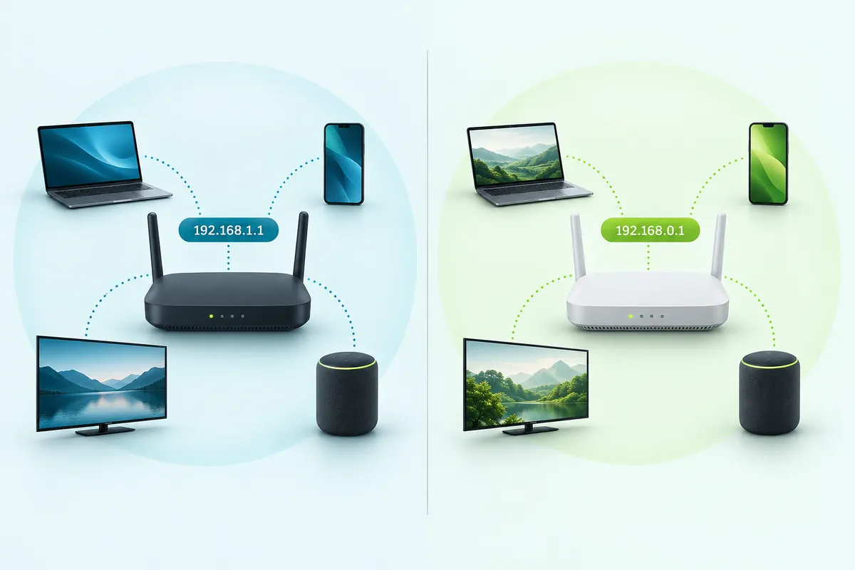 Two home routers side by side, one using 192.168.1.1 and one using 192.168.0.1