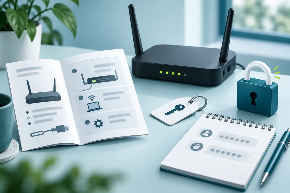 A router quick-start booklet, a key tag and a padlock next to a home router