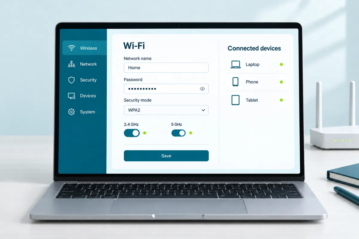 A router settings dashboard with wireless, security and connected-device panels
