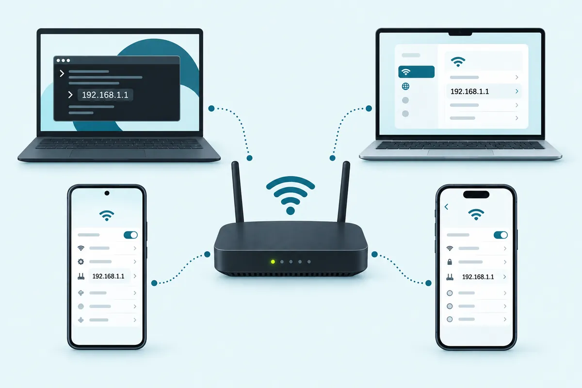 Laptops and phones on one home network, each showing where its router address appears