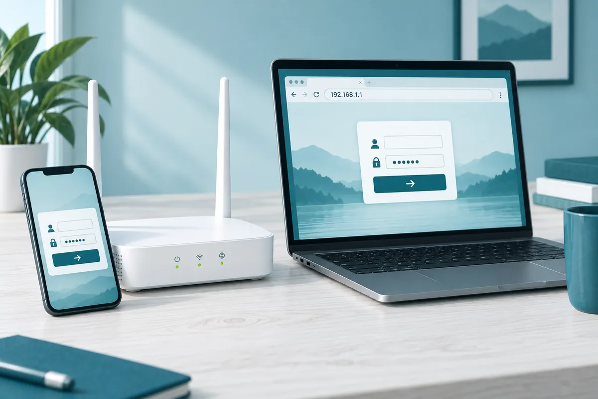 A laptop and a phone showing a router sign-in page at 192.168.1.1 beside a home Wi-Fi router