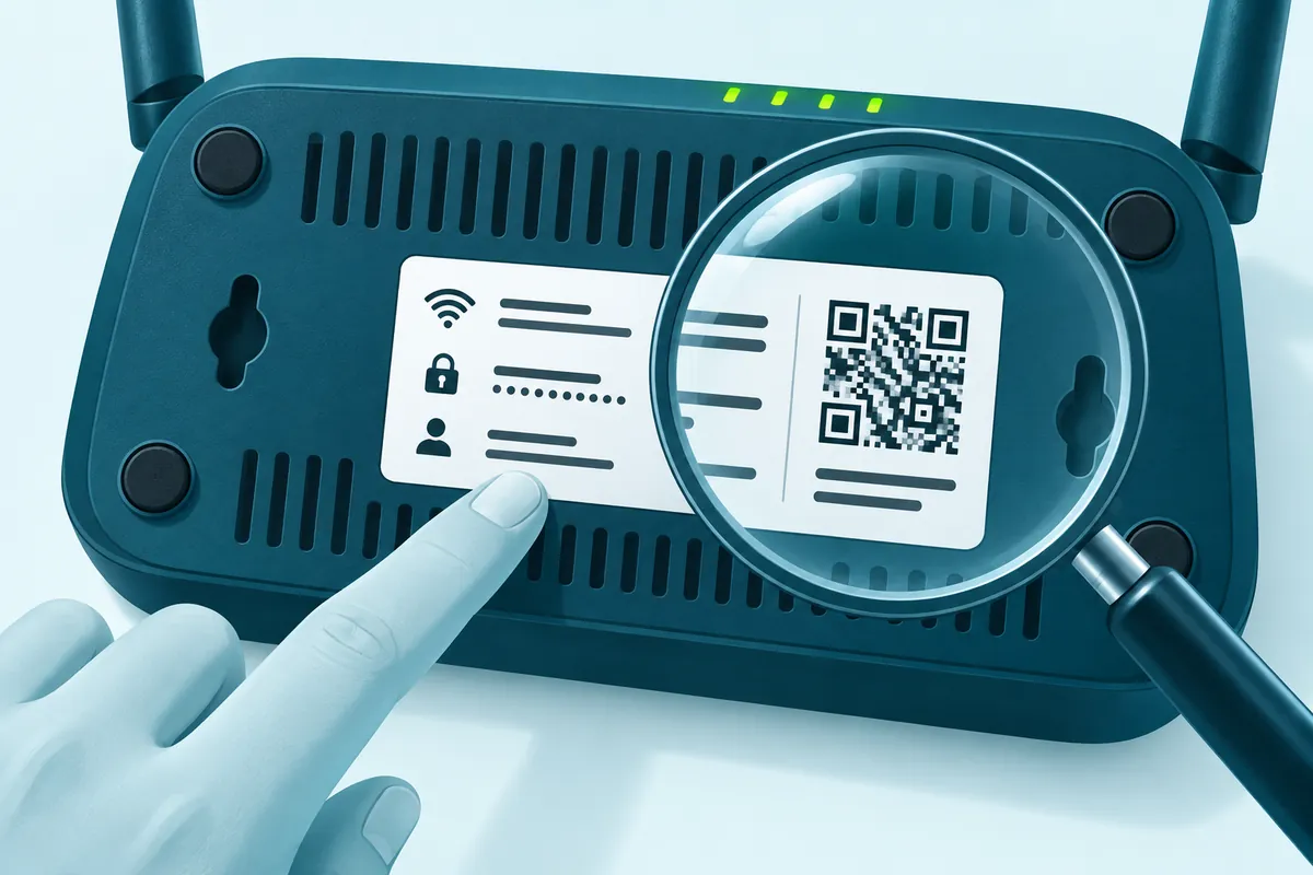 A magnifier over the printed label on the underside of a home router