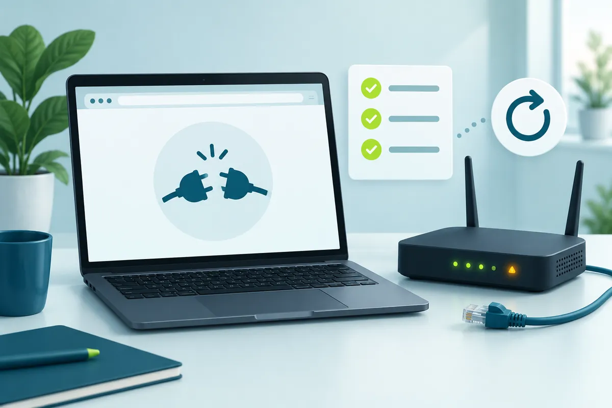 A laptop that cannot reach the router page next to a router with a warning light