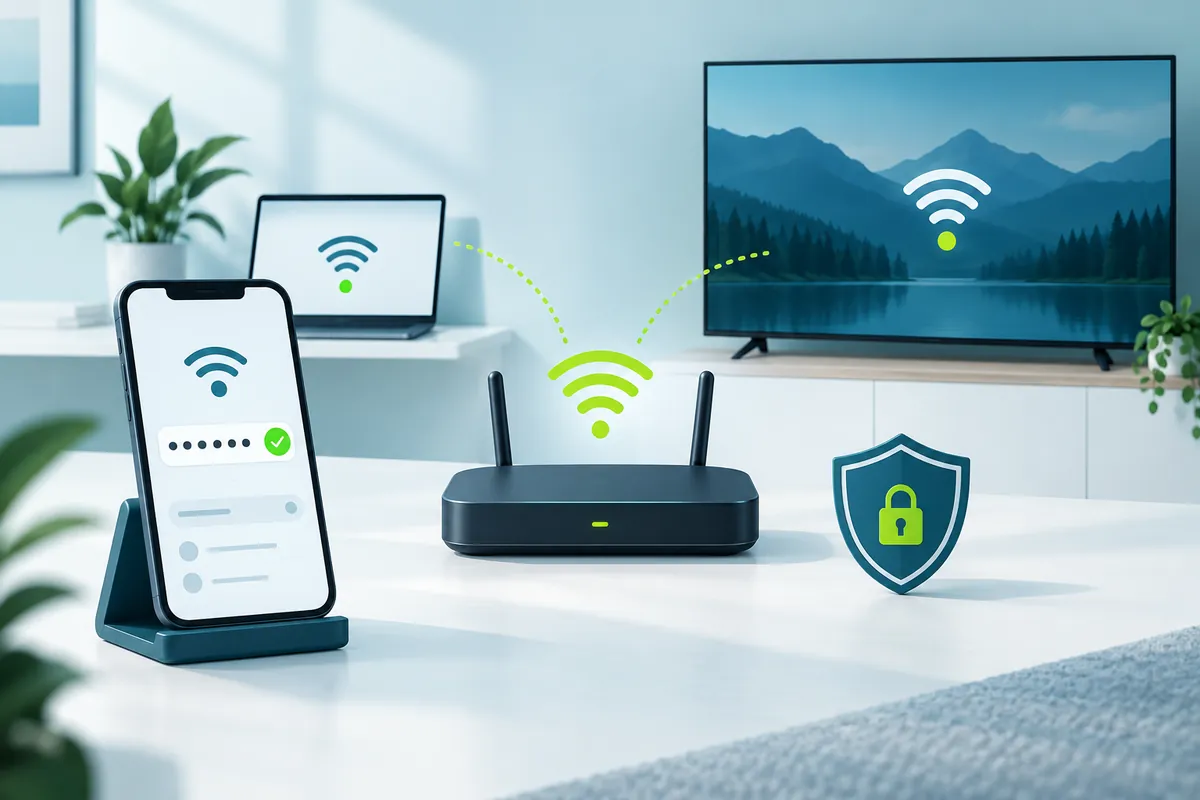 A phone showing Wi-Fi settings while a laptop and TV reconnect to the router
